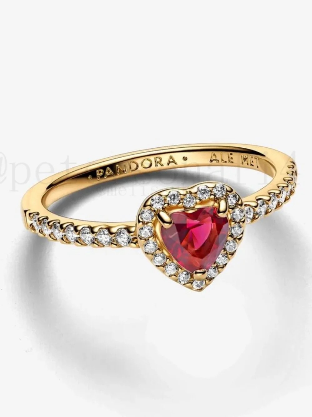 Pandora Gold Ring with Pink-Red Heart Gemstone and Clear Accents